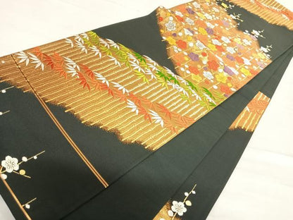 平和屋着物◎六通柄袋帯　唐織　笹梅文　黒地　金銀糸　正絹　逸品　AABF4842yx