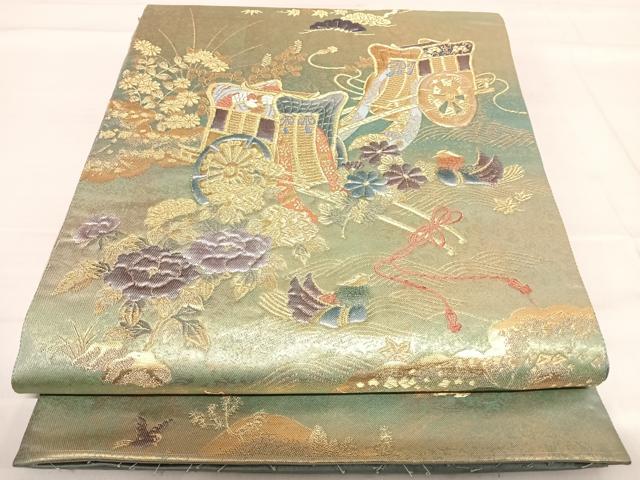 平和屋着物◎六通柄袋帯 陶漆箔 源氏車絵文 豊授 金糸 正絹 逸品 AABF4845yx