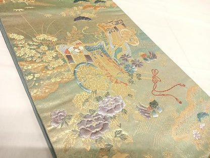 平和屋着物◎六通柄袋帯 陶漆箔 源氏車絵文 豊授 金糸 正絹 逸品 AABF4845yx