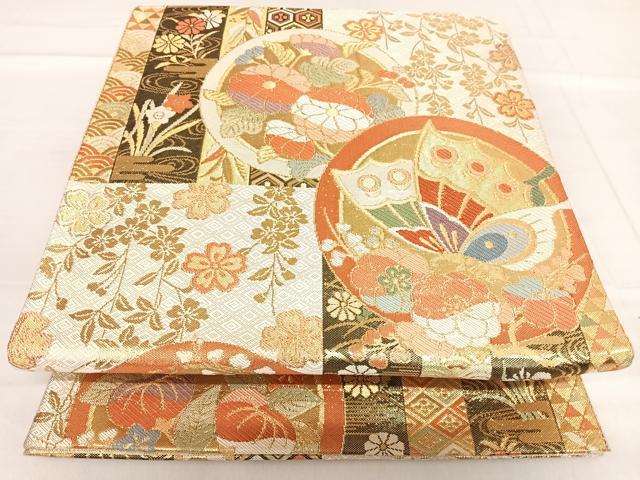 平和屋着物◎佐賀錦 六通柄袋帯 花蝶丸文 金糸 正絹 逸品 AABF4862yx
