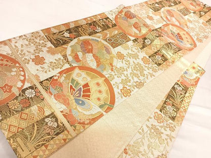 平和屋着物◎佐賀錦 六通柄袋帯 花蝶丸文 金糸 正絹 逸品 AABF4862yx