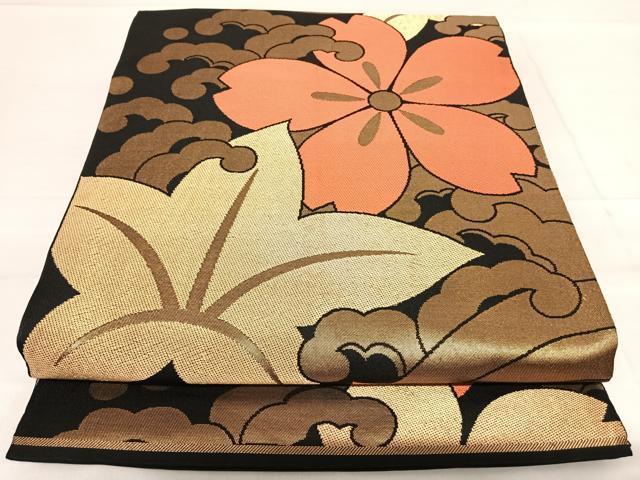 平和屋着物◎全通柄　本袋帯　立波花文　黒地　金糸　正絹　逸品　AABF4869yx