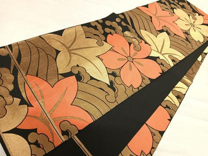 平和屋着物◎全通柄　本袋帯　立波花文　黒地　金糸　正絹　逸品　AABF4869yx