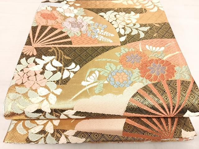 平和屋着物◎佐賀錦　六通柄袋帯　唐織　扇面花文　金糸　正絹　逸品　AABF4871yx