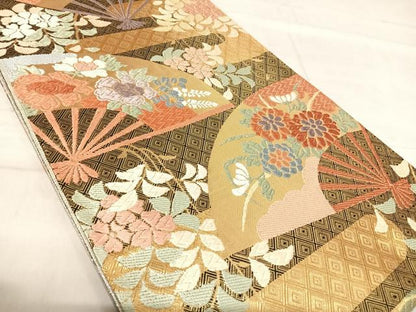 平和屋着物◎佐賀錦　六通柄袋帯　唐織　扇面花文　金糸　正絹　逸品　AABF4871yx