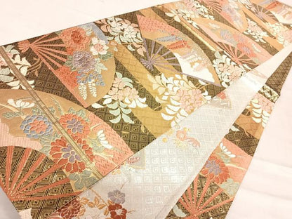 平和屋着物◎佐賀錦　六通柄袋帯　唐織　扇面花文　金糸　正絹　逸品　AABF4871yx