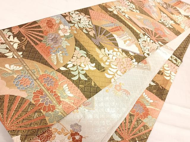 平和屋着物◎佐賀錦　六通柄袋帯　唐織　扇面花文　金糸　正絹　逸品　AABF4871yx