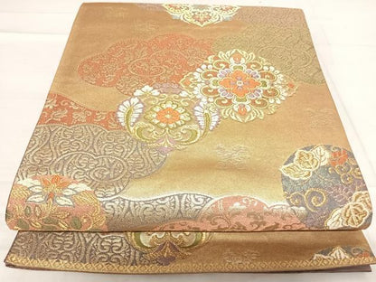 平和屋着物◎六通柄袋帯　唐織　唐衣裳　雲取り花丸文　金糸　正絹　逸品　AABF4886yx