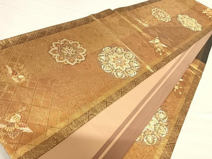 平和屋着物◎六通柄袋帯 花鳥丸文 金糸 正絹 逸品 AABF4887yx