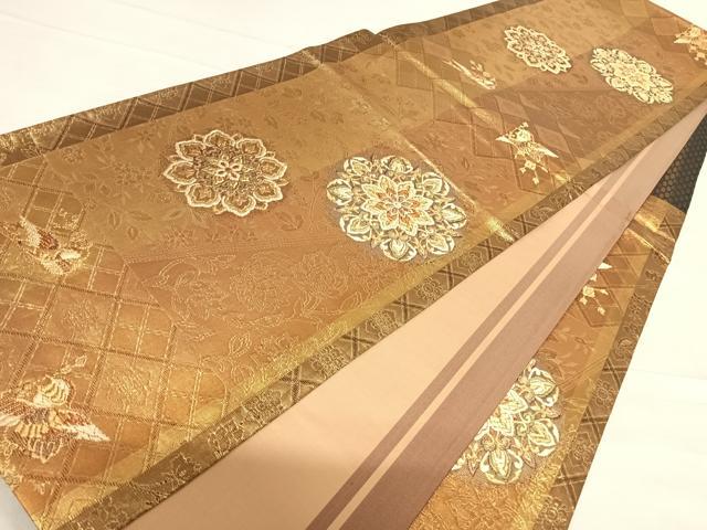 平和屋着物◎六通柄袋帯 花鳥丸文 金糸 正絹 逸品 AABF4887yx