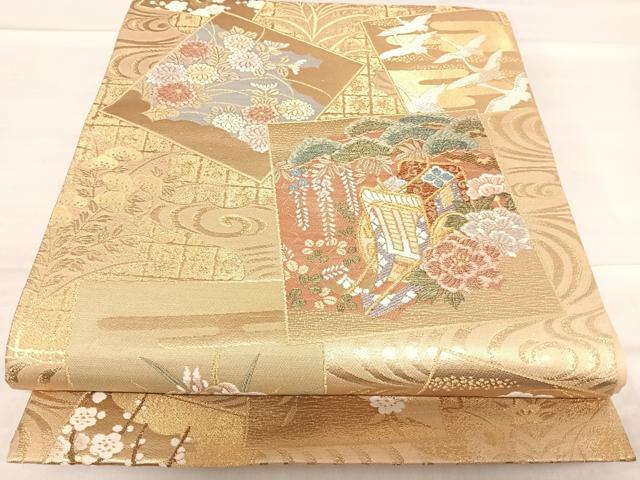 平和屋着物◎六通柄袋帯　色紙花鳥文　金糸　やまと誂製　正絹　逸品　AABF4890yx