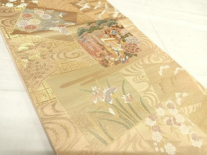 平和屋着物◎六通柄袋帯　色紙花鳥文　金糸　やまと誂製　正絹　逸品　AABF4890yx