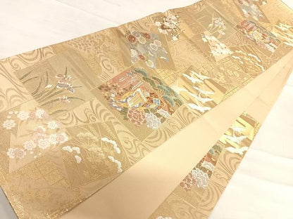 平和屋着物◎六通柄袋帯　色紙花鳥文　金糸　やまと誂製　正絹　逸品　AABF4890yx