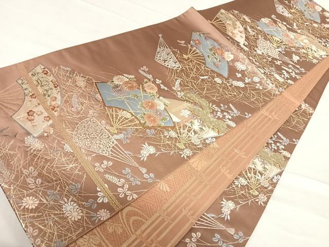 平和屋着物◎六通柄袋帯　唐織　扇面花文　藤花房　金糸　正絹　逸品　AABF4893yx