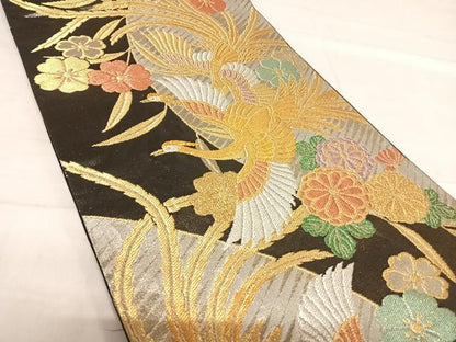 平和屋着物◎六通柄袋帯　鳳凰花文　黒地　金銀糸　正絹　逸品　AABF4899yx