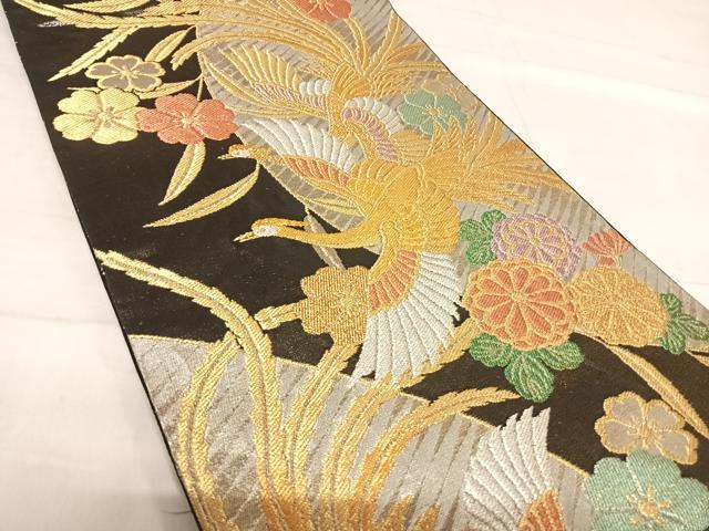 平和屋着物◎六通柄袋帯　鳳凰花文　黒地　金銀糸　正絹　逸品　AABF4899yx
