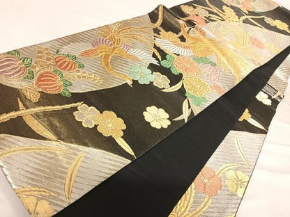 平和屋着物◎六通柄袋帯　鳳凰花文　黒地　金銀糸　正絹　逸品　AABF4899yx