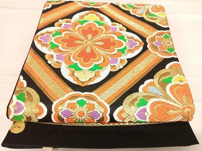 平和屋着物◎西陣　六通柄袋帯　唐織　天井花文　黒地　金糸　正絹　逸品　AABF4904yx