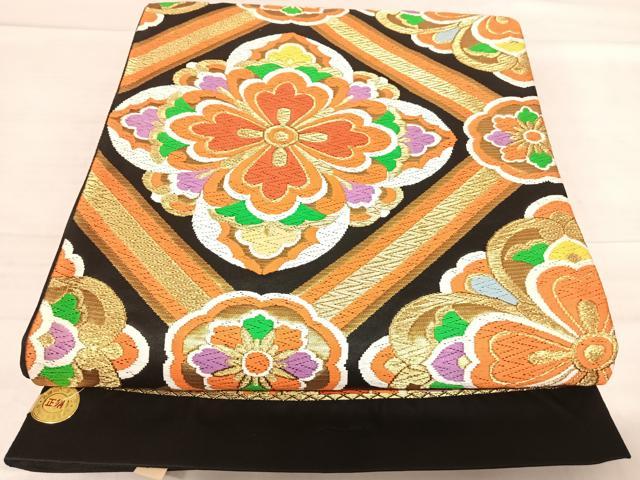 平和屋着物◎西陣　六通柄袋帯　唐織　天井花文　黒地　金糸　正絹　逸品　AABF4904yx