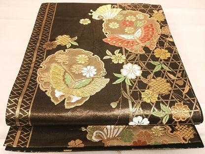 平和屋着物◎六通柄袋帯 唐織 雪輪花蝶文 黒地 金糸 正絹 逸品 AABF4908yx