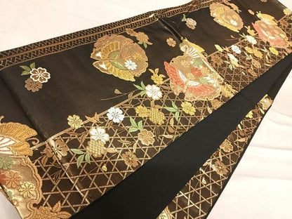 平和屋着物◎六通柄袋帯 唐織 雪輪花蝶文 黒地 金糸 正絹 逸品 AABF4908yx