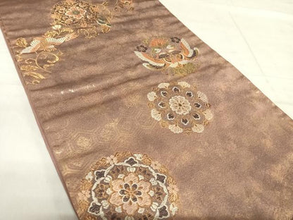 平和屋着物◎六通柄袋帯　双鳥花丸文　金糸　正絹　逸品　AABF4911yx