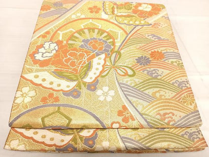 平和屋着物◎六通柄袋帯　唐織　花蝶丸文　金糸　正絹　逸品　AABF4915yx