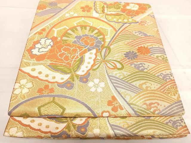 平和屋着物◎六通柄袋帯　唐織　花蝶丸文　金糸　正絹　逸品　AABF4915yx