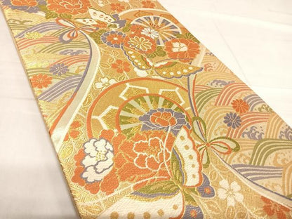 平和屋着物◎六通柄袋帯　唐織　花蝶丸文　金糸　正絹　逸品　AABF4915yx
