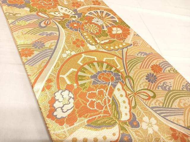 平和屋着物◎六通柄袋帯　唐織　花蝶丸文　金糸　正絹　逸品　AABF4915yx