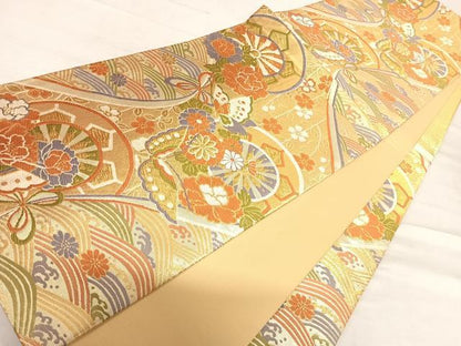 平和屋着物◎六通柄袋帯　唐織　花蝶丸文　金糸　正絹　逸品　AABF4915yx