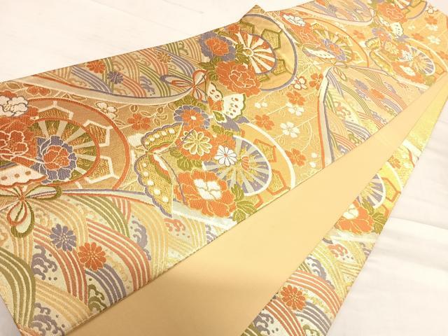 平和屋着物◎六通柄袋帯　唐織　花蝶丸文　金糸　正絹　逸品　AABF4915yx