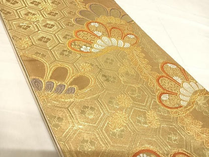 平和屋着物◎六通柄袋帯 唐織 笠松文 金糸 正絹 逸品 AABF4918yx