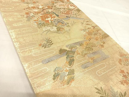 平和屋着物◎佐賀錦 六通柄袋帯 地紙花鳥文 金糸 正絹 逸品 AABF4920yx