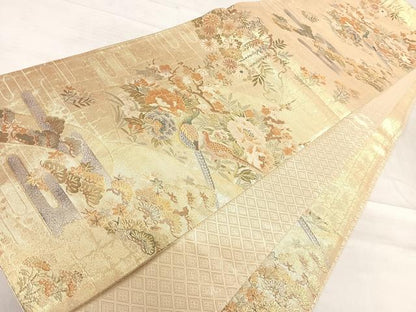平和屋着物◎佐賀錦 六通柄袋帯 地紙花鳥文 金糸 正絹 逸品 AABF4920yx