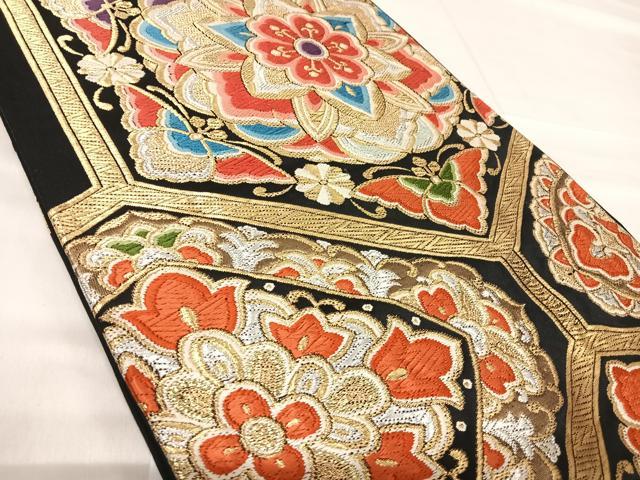 平和屋着物◎六通柄袋帯　唐織　亀甲花蝶文　黒地　金銀糸　正絹　逸品　AABF4922yx