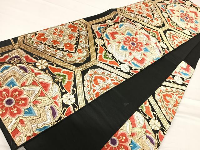 平和屋着物◎六通柄袋帯　唐織　亀甲花蝶文　黒地　金銀糸　正絹　逸品　AABF4922yx