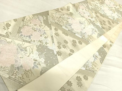 平和屋着物◎六通柄袋帯　唐織　花車文　プラチナ箔　正絹　逸品　AABF4924yx