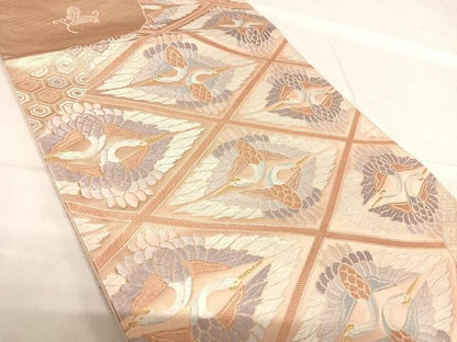 平和屋着物◎六通柄袋帯　唐織　上品錦　双鶴天井文　金糸　正絹　逸品　AABF4926yx