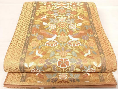 平和屋着物◎六通柄袋帯 唐織 双鳥花文 金糸 正絹 逸品 AABF4927yx