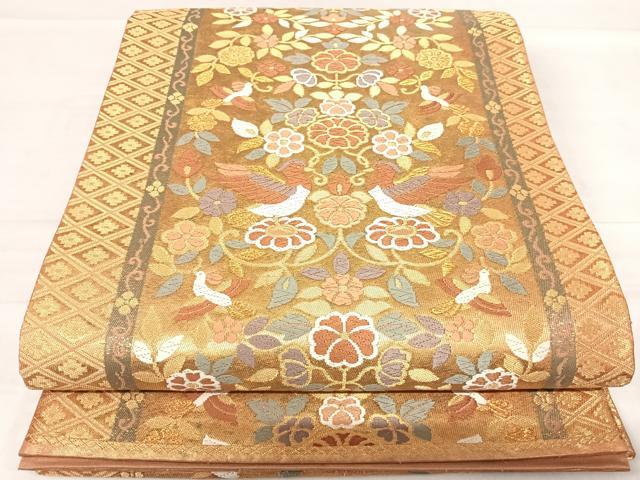 平和屋着物◎六通柄袋帯 唐織 双鳥花文 金糸 正絹 逸品 AABF4927yx