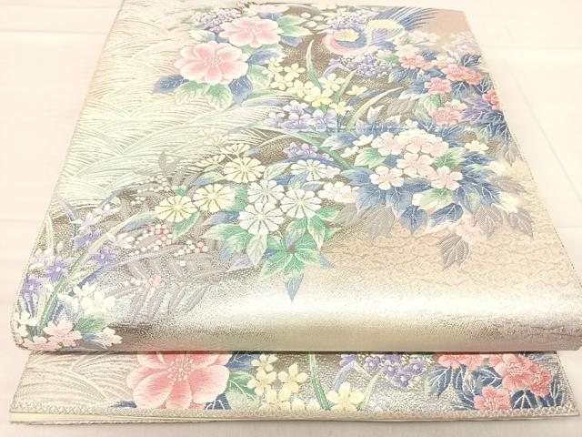 平和屋着物◎六通柄袋帯 唐織 流水花鳥文 銀糸 正絹 逸品 AABF4934yx