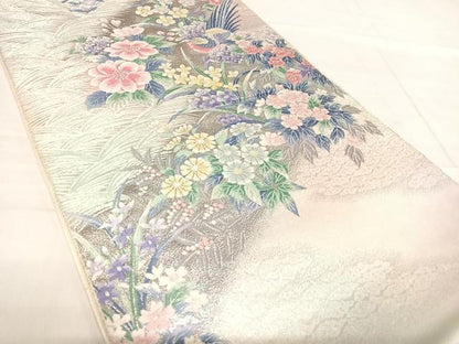 平和屋着物◎六通柄袋帯 唐織 流水花鳥文 銀糸 正絹 逸品 AABF4934yx