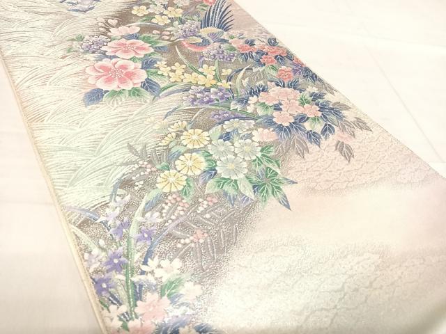 平和屋着物◎六通柄袋帯 唐織 流水花鳥文 銀糸 正絹 逸品 AABF4934yx