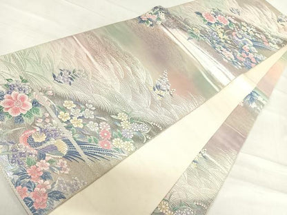 平和屋着物◎六通柄袋帯 唐織 流水花鳥文 銀糸 正絹 逸品 AABF4934yx