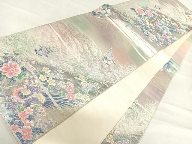 平和屋着物◎六通柄袋帯 唐織 流水花鳥文 銀糸 正絹 逸品 AABF4934yx