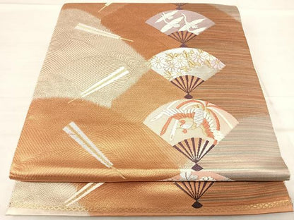 平和屋着物◎六通柄袋帯 唐織 扇子花鳥文 金糸 正絹 逸品 AABF4938yx