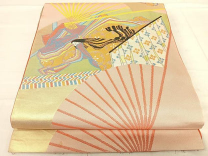 平和屋着物◎織物一筋名門 織悦 全通柄 本袋帯 女人扇子文 金糸 正絹 逸品 AABF4941yx