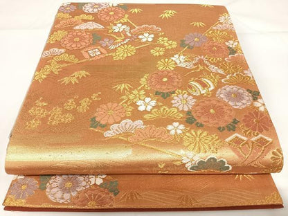 平和屋着物◎六通柄袋帯 飛鶴吉祥花文 金糸 正絹 逸品 AABF4947yx