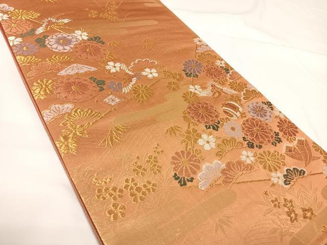 平和屋着物◎六通柄袋帯 飛鶴吉祥花文 金糸 正絹 逸品 AABF4947yx